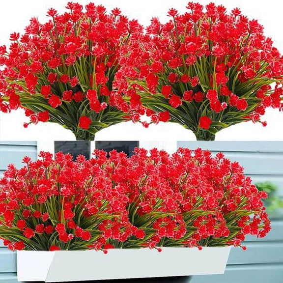 Sinhoon 6 Bundles Artificial Fake Flowers Plastic Plants Greenery Shrubs UV Resistant Faux Flowers for Indoor Outdoor Garden Hanging Porch Window Box Farmhouse Wedding Decor (Red)
