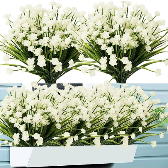 Sinhoon 6 Bundles Artificial Fake Flowers Plastic Plants Greenery Shrubs UV Resistant Faux Flowers for Indoor Outdoor Garden Hanging Porch Window Box Farmhouse Wedding Decor (White)