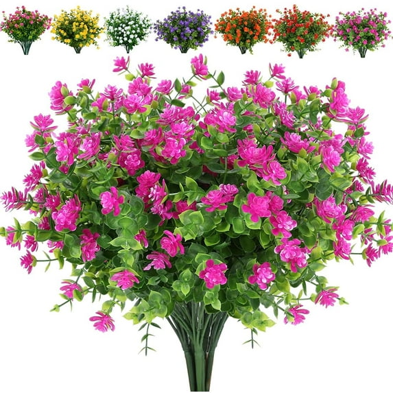 Sinhoon 6 Bundles Artificial Flowers Fake Boxwood Shrubs UV Resistant No Fade Faux Greenery Faux Plastic Lotus for Home Garden Planter Wedding Decoration (Fuchsia)