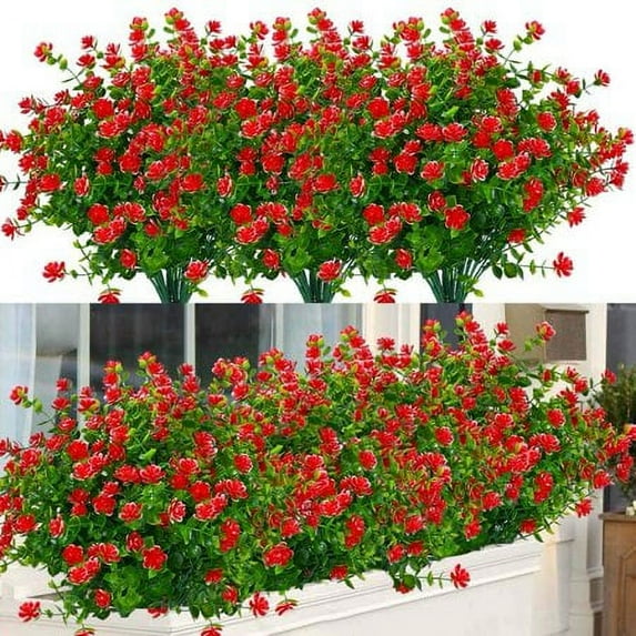 Sinhoon 6 Bundles Artificial Flowers UV Resistant Fake Boxwood Plants, Faux Greenery for Indoor Outdoor Hanging Plants Garden Porch Window Box Home Decor (Red)