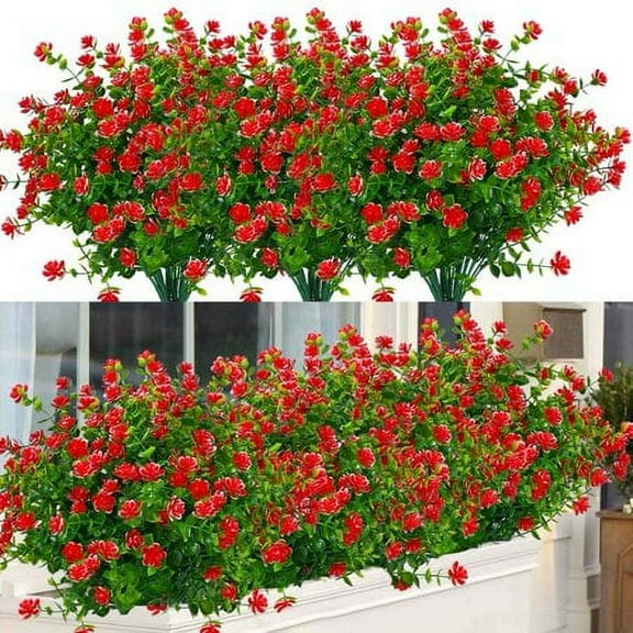 Sinhoon 6 Bundles Artificial Flowers UV Resistant Fake Boxwood Plants, Faux Greenery for Indoor Outdoor Hanging Plants Garden Porch Window Box Home Decor (Red)