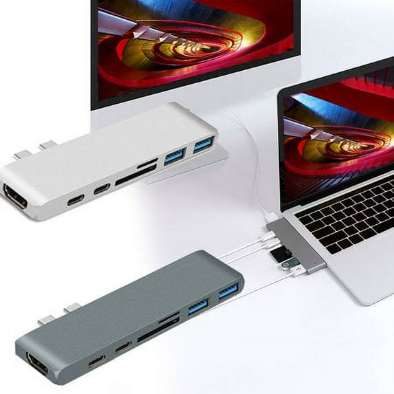 Sinhoon 7in1 USB-C Hub Dual Type-C Multiport Card Reader Adapter 4K HDMI MacBook Pro Silver
