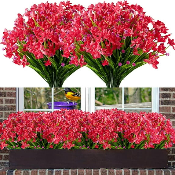 Sinhoon 8 Bundles Artificial Daffodils Flowers Faux Plastic Lotus Shrubs UV Resistant No Fade Faux Greenery for Bridal Bouquet Home Garden Hanging Planter Porch Patio Office Wedding Decoration(Red)