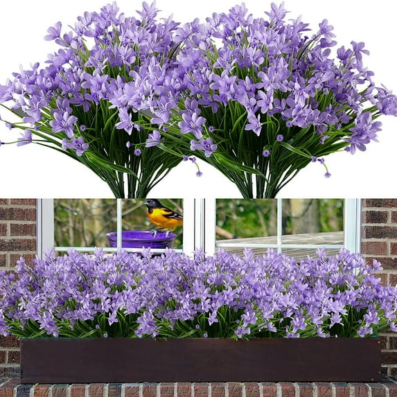Sinhoon 8 Bundles Artificial Daffodils Flowers Faux Plastic Lotus Shrubs UV Resistant No Fade Faux Greenery for Bridal Bouquet Home Garden Hanging Planter Porch Patio Office Wedding Decoration(Purple)