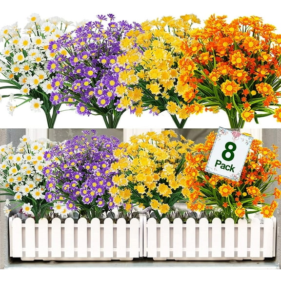 Sinhoon 8 Bundles Artificial Daisy Flowers Decoration UV Resistant Fake Flowers Faux Plastic Greenery Shrub Plant Indoor Outside Hanging Home Garden Décor (Mixed color)
