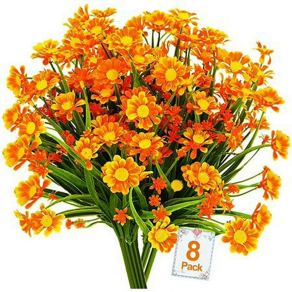 Sinhoon 8 Bundles Artificial Daisy Flowers Outdoor Decoration UV Resistant Fake Flowers Faux Plastic Plant Indoor Outside Hanging Garden Home Porch Box Decor (Orange)