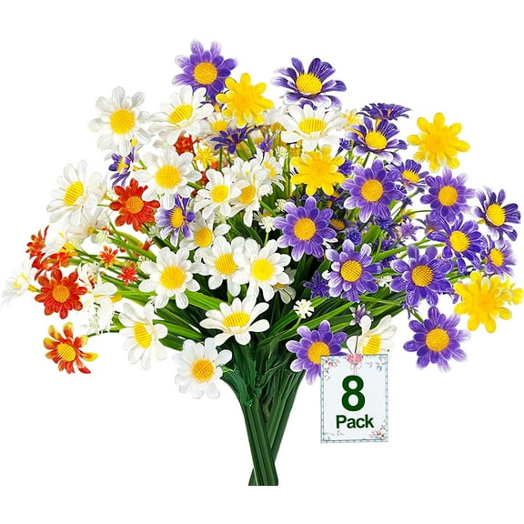 Sinhoon 8 Bundles Artificial Daisy Flowers Outdoor Decoration UV Resistant Fake Flowers Faux Plastic Plant Indoor Outside Hanging Garden Home Porch Box Decor (Mixcolor)