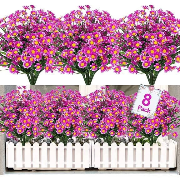 Sinhoon 8 Bundles Artificial Daisy Flowers Outdoor Spring Decoration UV Resistant Fake Flowers Faux Plastic Greenery Shrub Plant Indoor Outside Hanging Home Garden Window Porch Box Décor(Red Lotus)