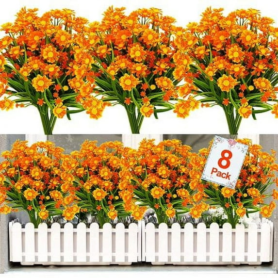 Sinhoon 8 Bundles Artificial Daisy Flowers UV Resistant Fake Flowers Faux Plastic Greenery Shrub Plant Indoor Outside Hanging Home Garden Decor (Orange)