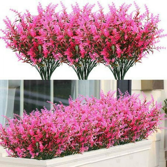 Sinhoon 8 Bundles Artificial Flowers Fake Lavender Plants Indoor UV Resistant Plastic Faux Bouquets for Outdoor Home Garden Porch Decoration, Rose red