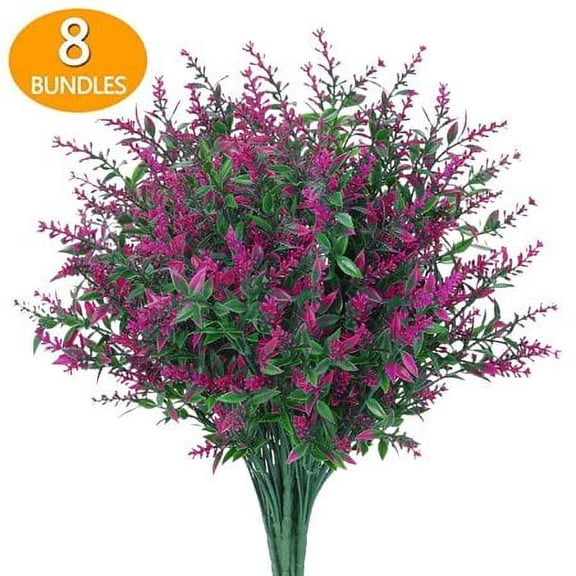 Sinhoon 8 Bundles Artificial Flowers Fake Outdoor Plants Faux UV Resistant Lavender Flower Plastic Indoor Outside Decorations (Fuchsia)