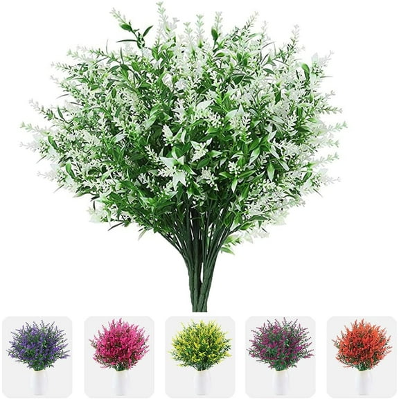 Sinhoon 8 Bundles Artificial Flowers Fake Outdoor Plants Faux UV Resistant Lavender Flower Plastic Shrubs Indoor Outside Decorations (White)