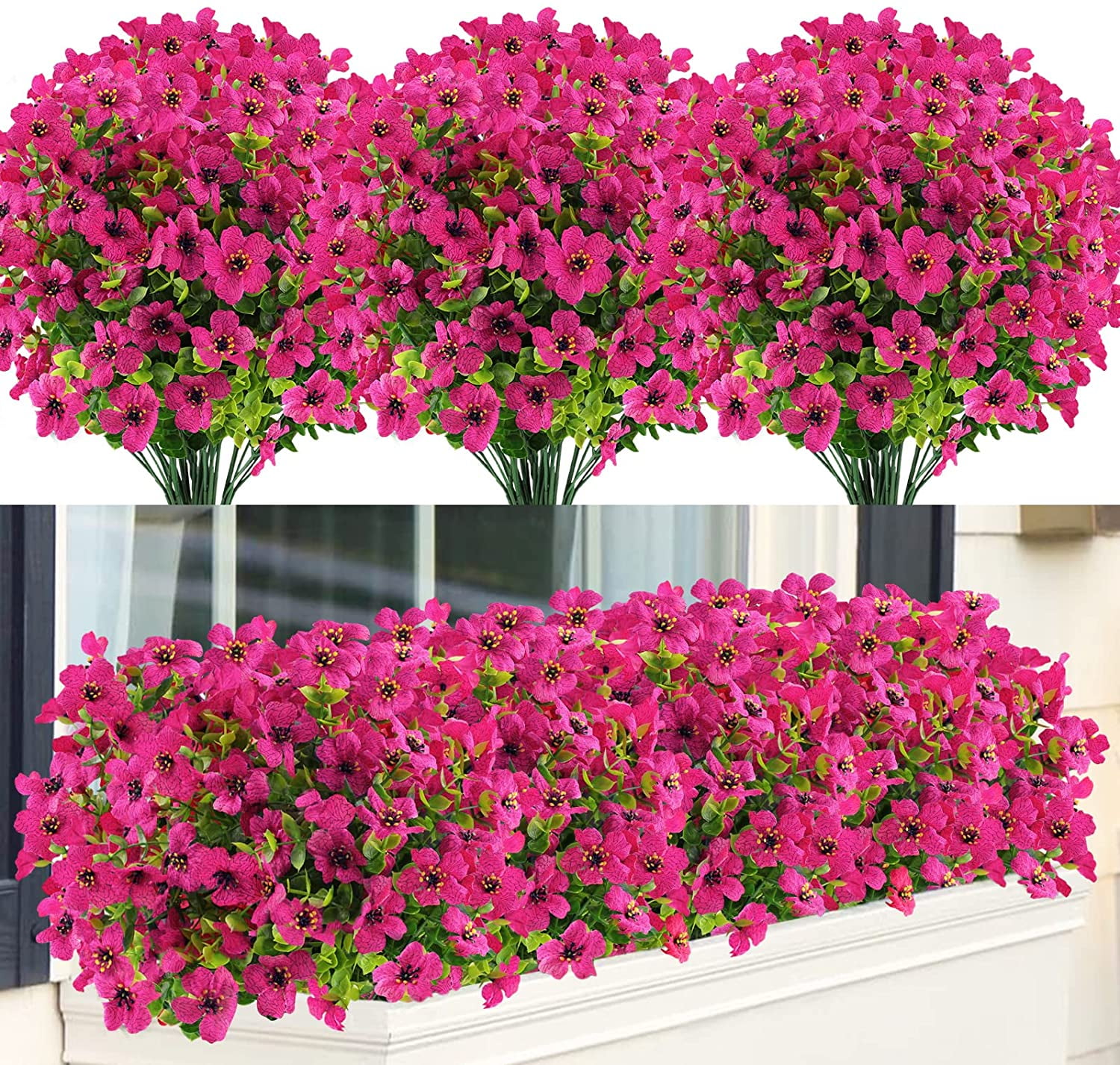 Sinhoon 8 Bundles Artificial Flowers UV Resistant Fake Plants Outdoor Faux Plastic Flowers Garden Window Box Porch Home Decor (Rosy red)