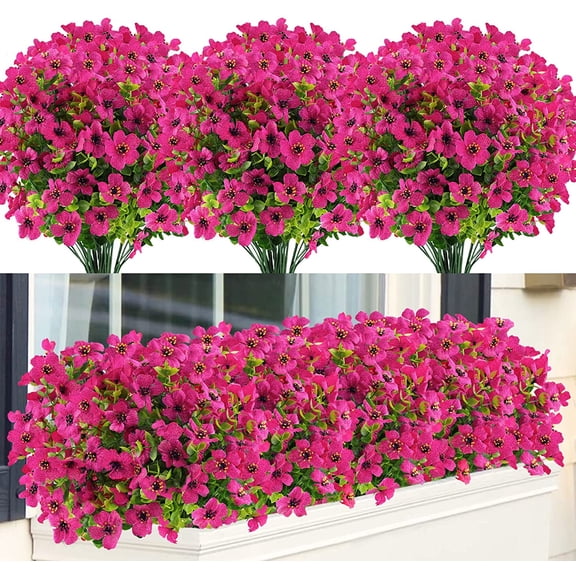 Sinhoon 8 Bundles Artificial Flowers UV Resistant Fake Plants Outdoor Faux Plastic Flowers Garden Window Box Porch Home Decor (Rosy red)