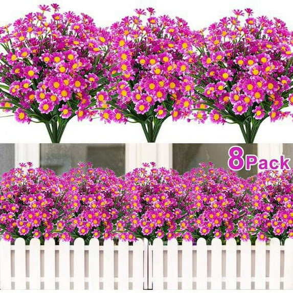 Sinhoon 8 Bundles Artificial Flowers UV Resistant Outdoor Decoration-Faux Plastic Daisy Greenery Shrub Plant Indoor Outside Hanging Planter Wedding Home Garden Office Window Box Hanging Decor (Rose)