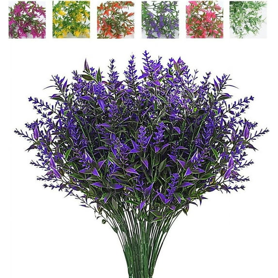 Sinhoon 8 Bundles Artificial Lavender Fake Plant Outdoor UV Resistant Faux Flower Plastic Decorations Indoor Outside Hanging Bouquet for Garden Porch Ornament (Purple)