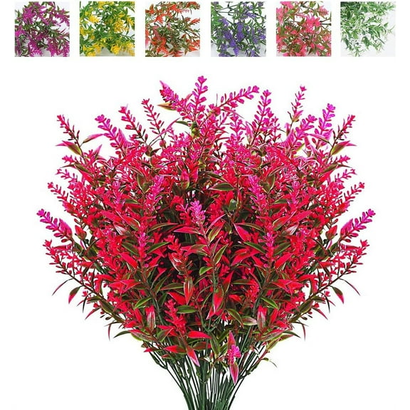Sinhoon 8 Bundles Artificial Lavender Fake Plant Outdoor UV Resistant Faux Flower Plastic Decorations Indoor Outside Hanging Bouquet for Garden Porch Ornament (Pink)