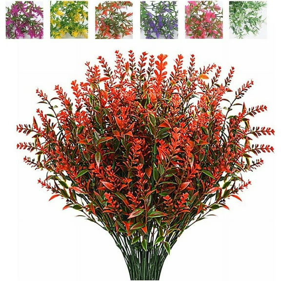 Sinhoon 8 Bundles Artificial Lavender Flowers for Outdoor Decoration, UV Resistant Fake Shrubs Greenery Bushes House Office Garden Patio Indoor Outdoor Decor (Orange Red)