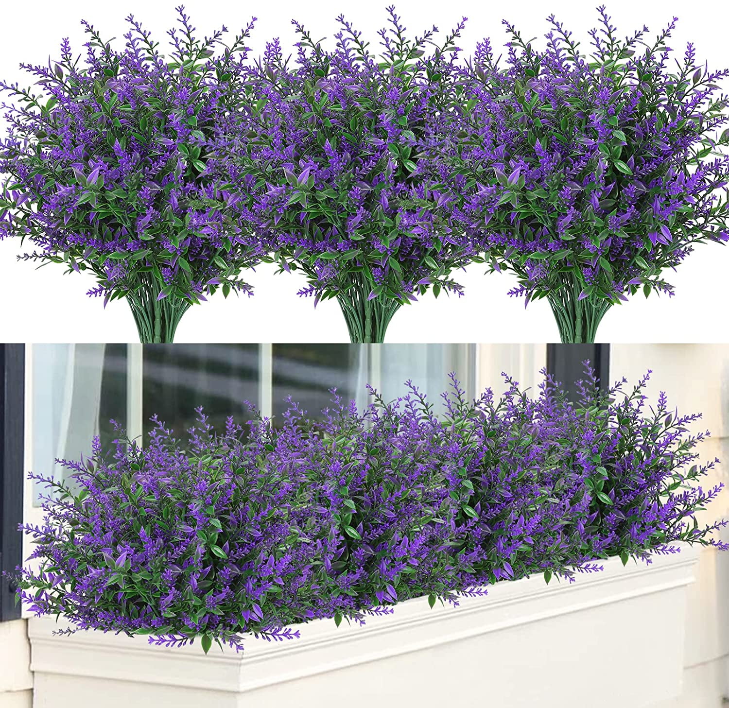 Sinhoon 8 Bundles Artificial Lavender Flowers Outdoor Fake Flowers for Decoration UV Resistant No Fade Faux Plastic Plants Garden Porch Window Box Décor (Purple)