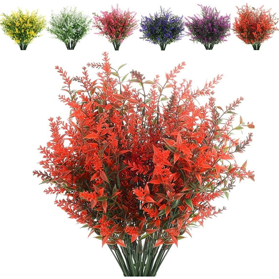 Sinhoon 8 Bundles Artificial Lavender Outdoor Plants UV Resistant Fake Flowers No Fade Plastic Greenery Plants Decor for Front Porch Planters Decoration(Orange Red)