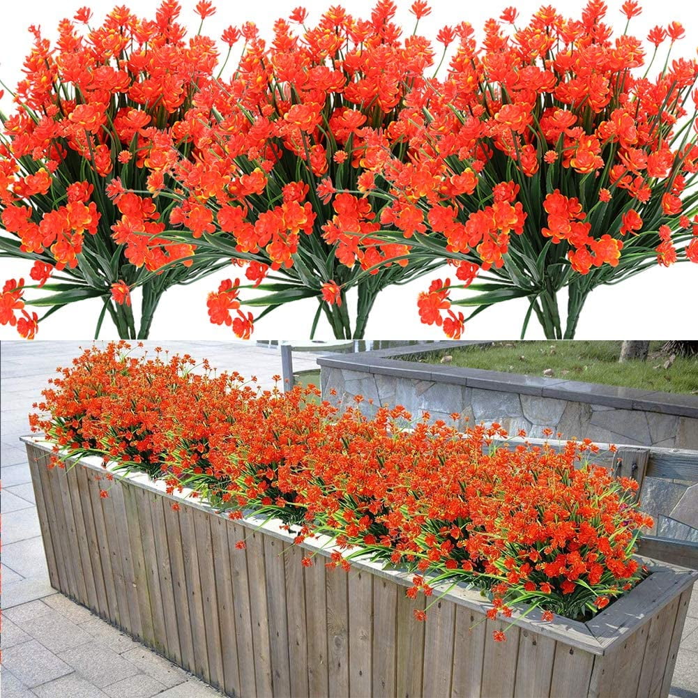 Sinhoon 8 Bundles Fake Artificial Flowers Outdoor for Decoration UV Resistant No Fade Faux Plastic Plants Garden Porch Window Box Décor Kitchen Office Table Vase(Orange red)