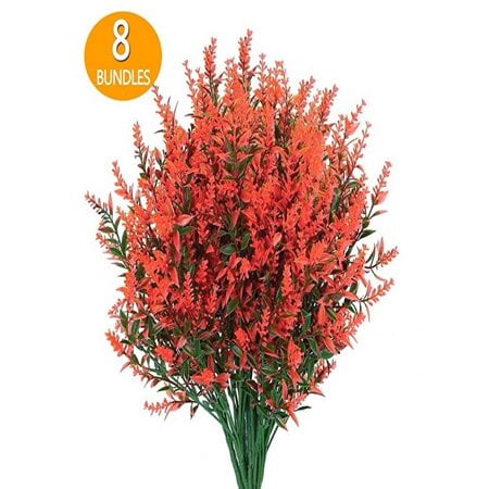 Sinhoon 8 Bundles Outdoor Artificial Lavender Fake Flowers UV Resistant Shrubs, Faux Plastic Greenery for Indoor Outside Decoration (Orange)