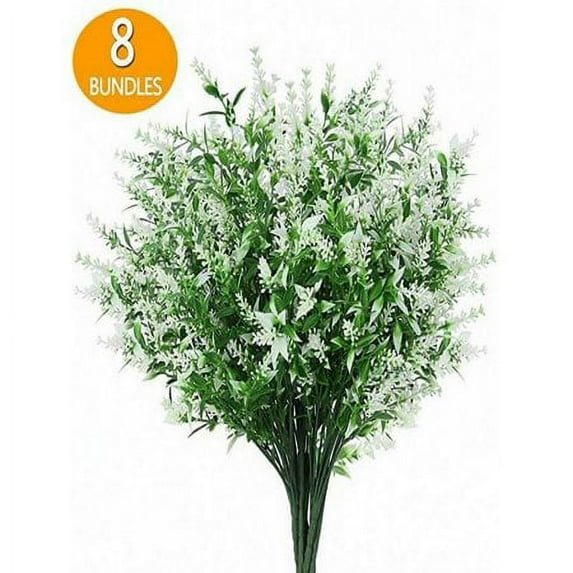 Sinhoon 8 Bundles Outdoor Artificial Lavender Fake Flowers UV Resistant Shrubs, Faux Plastic Greenery for Indoor Outside Decoration (White)