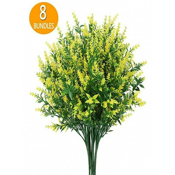 Sinhoon 8 Bundles Outdoor Artificial Lavender Fake Flowers UV Resistant Shrubs, Faux Plastic Greenery for Indoor Outside Decoration (Yellow)