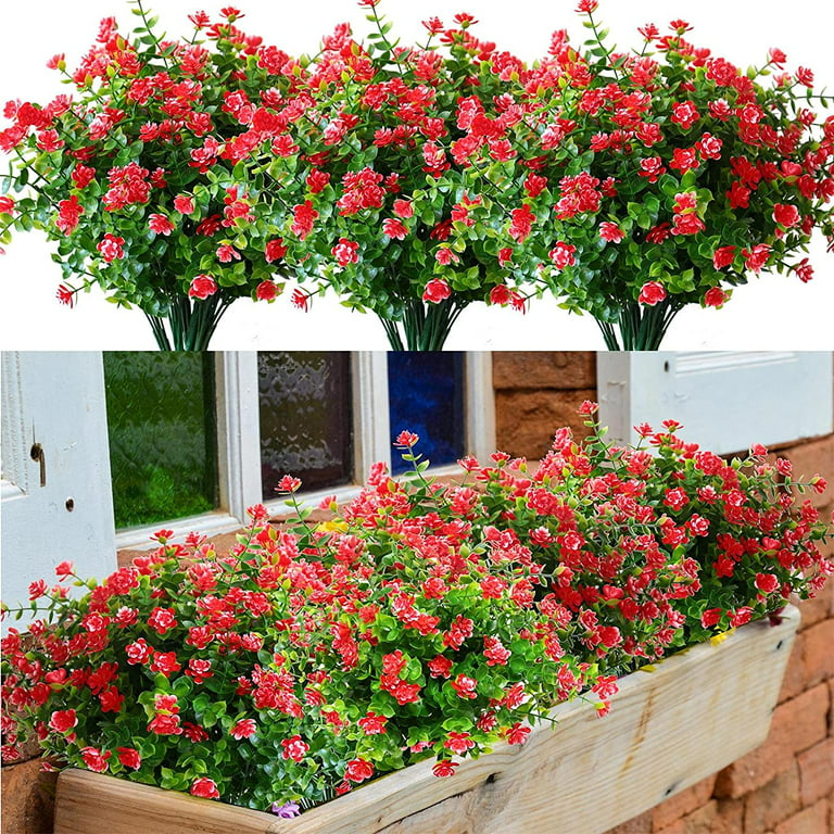 Sinhoon 8 Pack UV Resistant Outdoor Artificial Flowers Bulk Faux Plastic  Plants Outside Indoor Fake Hanging Greenery Shrubs Arrangement for Backyard  Window Box Porch Home Patio Decoration (Red) 