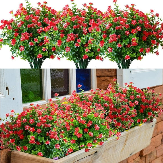 Sinhoon 8 Pack UV Resistant Outdoor Artificial Flowers Bulk Faux Plastic Plants Outside Indoor Fake Hanging Greenery Shrubs Arrangement for Backyard Window Box Porch Home Patio Decoration (Red)