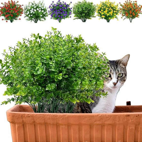 Sinhoon 8PCS Artificial Fake Outdoor Plants Flowers UV Resistant Faux Flowers Indoor Outside for Decoration, Hanging Planter Wedding Garden Patio Office Home Decor, Green