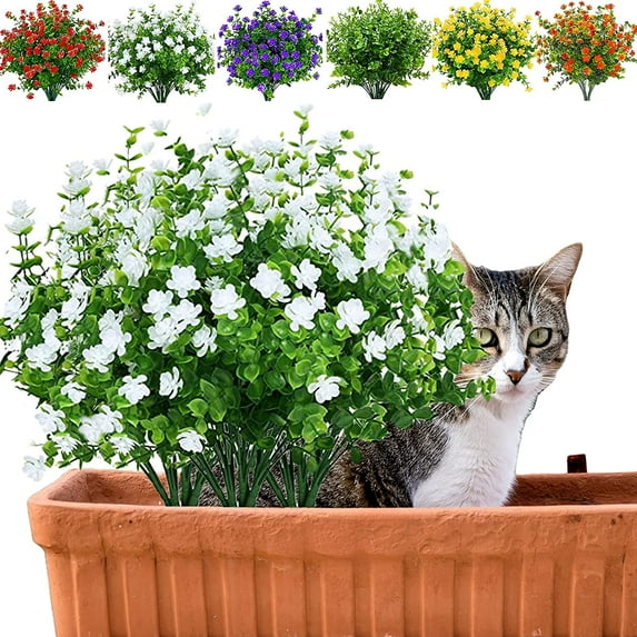 Sinhoon 8PCS Artificial Fake Outdoor Plants Flowers UV Resistant Faux Flowers Indoor Outside for Decoration, Hanging Planter Wedding Garden Patio Office Home Decor, White