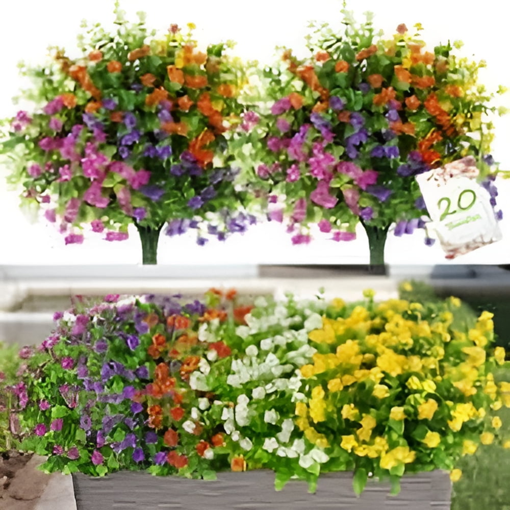 Sinhoon 20 Bundles Artificial Flowers Outdoor Fake Flowers for Home Decoration, UV Resistant Faux Plastic Greenery Shrubs Plants for Hanging Garden Porch Window Box Dcor in Bulk Wholesale, 5 Colors