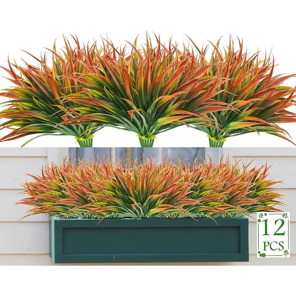 Sinhoon Artificial Fake Grass,12PCS Outdoor Faux Grasses Plastic Plants Greenery UV Resistant for Outside Home Windowbox Garden Office Patio Hanging Planter Front Porch Fall Décor (Red)