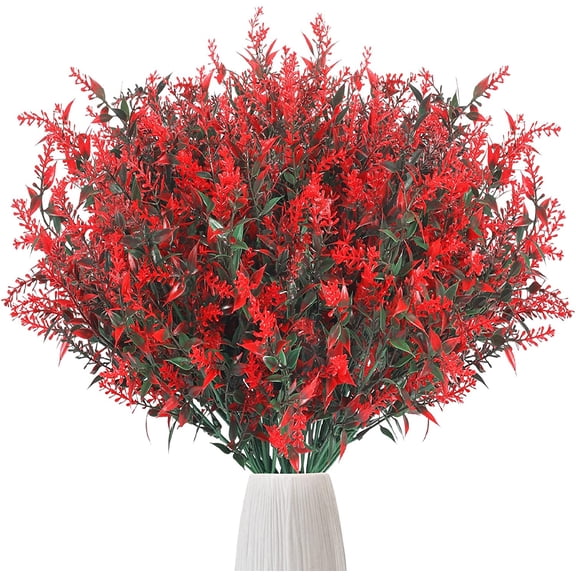 Sinhoon Artificial Flowers Fake Lavender Plants Greenery Bouquets UV Resistant Plastic Arrangement for Home Decor Indoor (Red)
