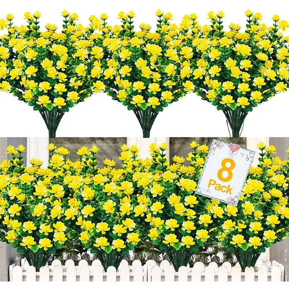Sinhoon Artificial Flowers Outdoor, 8 Bundles Faux Flowers Plants Outdoor UV Resistant Greenery Plants Artificial Fake Flowers Indoor Outside Hanging Planter Home Garden Decor(Yellow)