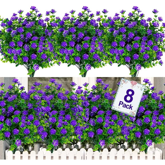 Sinhoon Artificial Flowers Outdoor, 8 Bundles Faux Flowers Plants Outdoor UV Resistant Greenery Plants Artificial Fake Flowers Indoor Outside Hanging Planter Home Garden Decor(Purple)