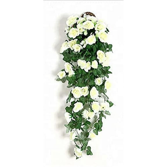 Sinhoon Artificial Rose Vine with Eucalyptus Leaves, Silk Rose Artificial Flowers Hanging Rose Ivy Hanging Baskets for Wedding Arch Garden Background Decor(White)
