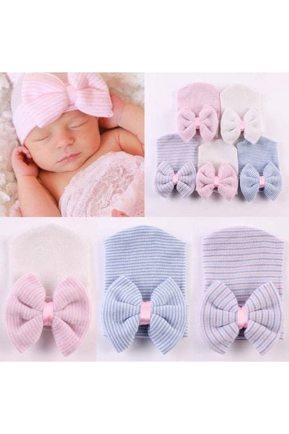 Baby Girls Infant Striped Soft Hat with Bow Cap Hospital Newborn Nursery Beanie Caps