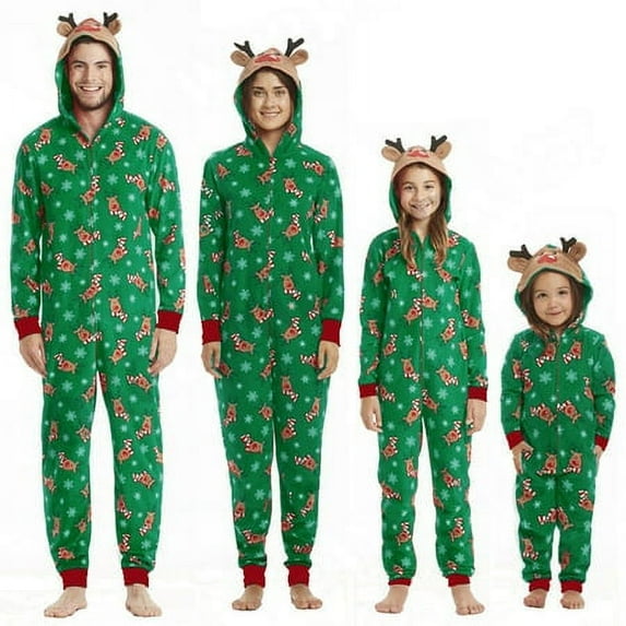 Sinhoon Christmas Family Matching Pajama Romper Jumpsuit Reindeer Hooded Christmas Outfit Matching Holiday Pajamas Sleepwear for Family Adult Kids Baby