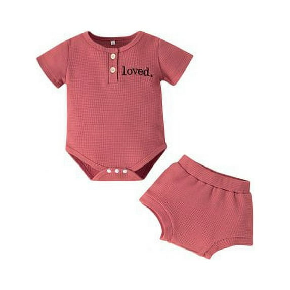 Sinhoon Infant Baby Girls Summer Clothes LOVED Letter Embroidery Short Sleeve Romper+Shorts Outfits Set, Brick Red 3-6 Months