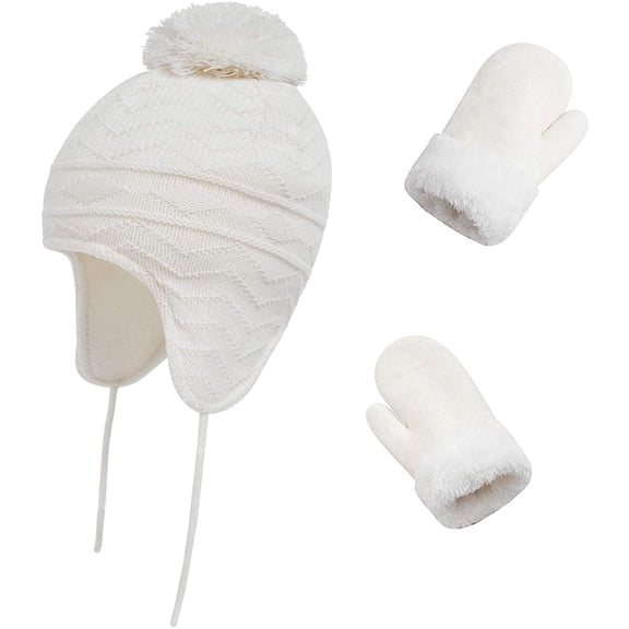 Toddler Kids Winter Hat with Mittens Set, Baby Kids Warm Knit Beanie Hat with Earflap and Fleece Gloves for Boys Girls