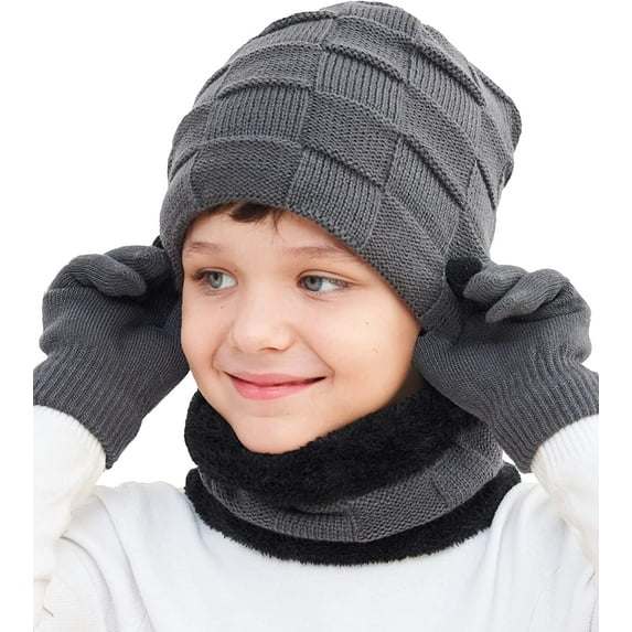 Sinhoon Kids Winter Beanie Hat Scarf Touchscreen Gloves Set for Boys GirlsWarm Skull Cap Fleece Lined Knitted Hat 4-15 Years