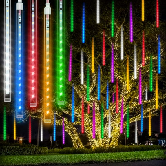 Sinhoon LED Meteor Shower Rain Lights, Falling Rain Lights Waterproof 192 LEDs 8 Tubes 11.8 inch Drop Icicle Fairy String Lights for Christmas Halloween Holiday Party Patio Outdoor (Colorful)