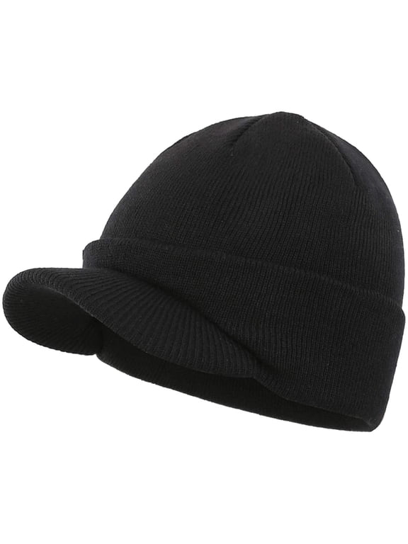 Men's Winter Beanie Hat with Brim Warm Double Knit Cuff Beanie Cap