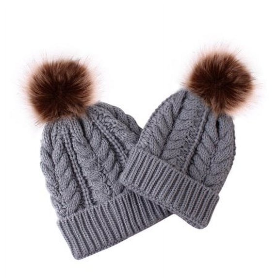 Sinhoon Mommy and Baby Hats Parent-Child Knitted Earflap Cap Mother Baby Knit Hat Pompoms Winter Hat