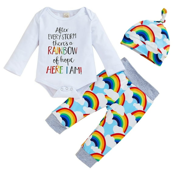 Sinhoon Newborn Infant Baby Boy Girls Rainbow Outfits Letter Print Onesies + Cloud Rainbow Pants + Hat Tie Dye Clothes Set