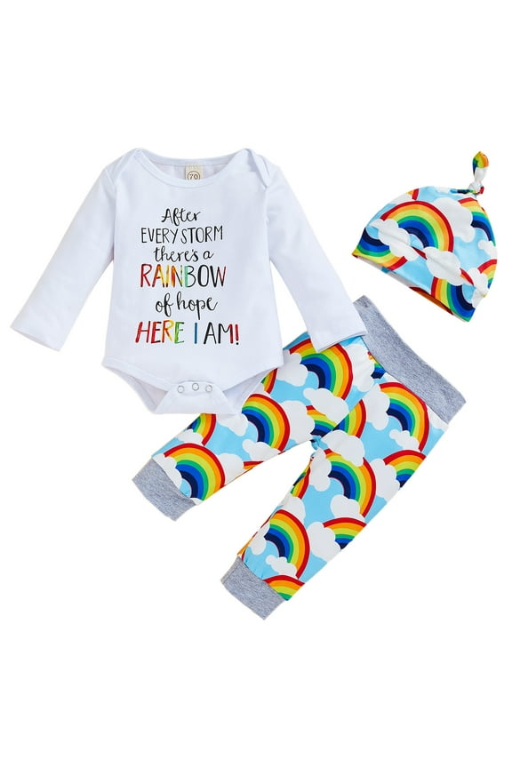 Newborn Infant Baby Boy Girls Rainbow Outfits Letter Print Onesies + Cloud Rainbow Pants + Hat Tie Dye Clothes Set