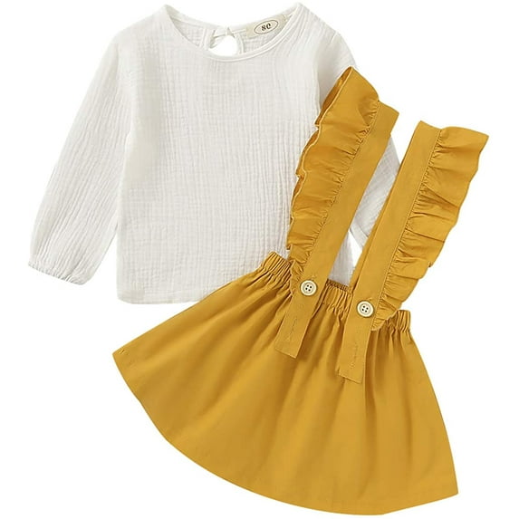 Sinhoon Toddler Baby Girl Dress Linen Suspender Skirt Set Long Sleeve Shirts Ruffled Dress Clothes