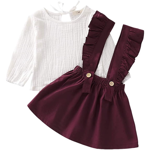Sinhoon Toddler Baby Girl Linen Suspender Skirt Set Long Sleeve Shirts Ruffled Dress Clothes